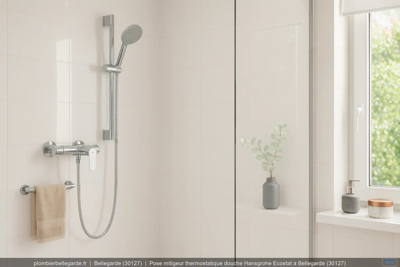 Pose mitigeur thermostatique douche Hansgrohe Ecostat a Bellegarde (30127)